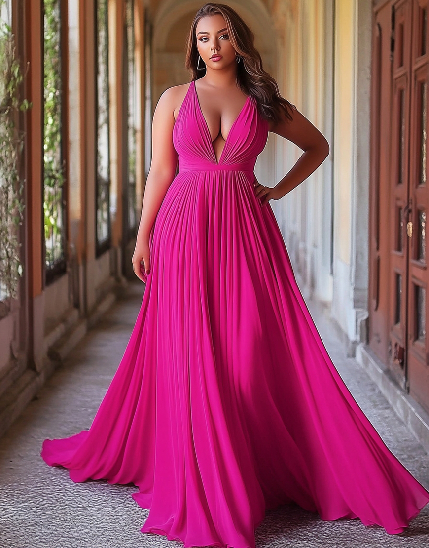 Plus Size Fuchsia A Line V-Neck Pleated Long Prom Dress