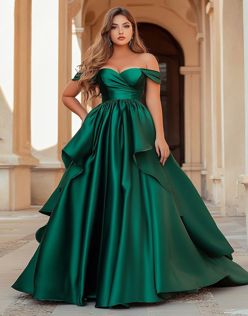 Dark Green Satin Off the Shoulder Long Prom Dress with Ruffles