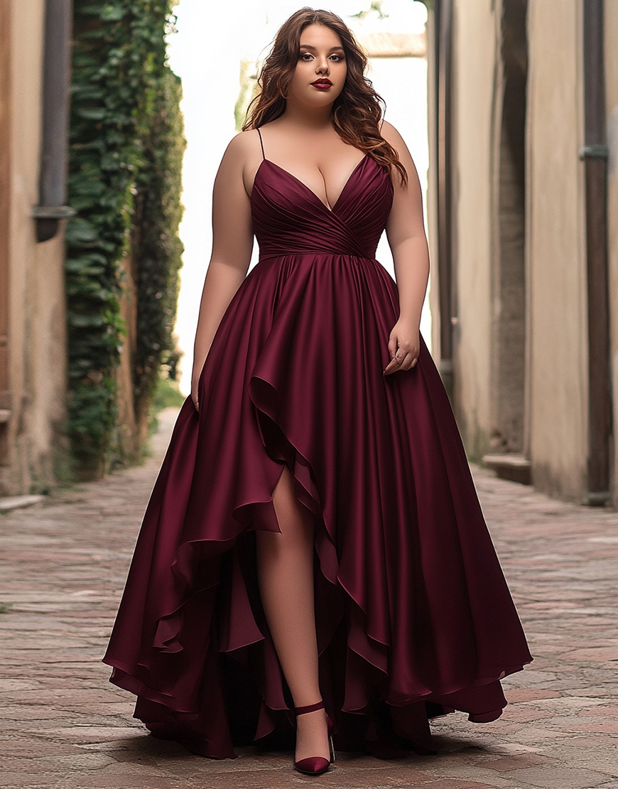 Burgundy Satin A Line Asymmetrical Long Prom Dress