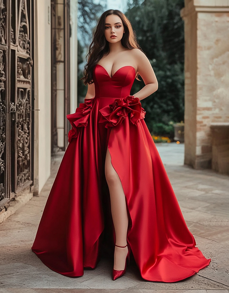 Red A Line Ruffled Satin Long Prom Dress with Slit