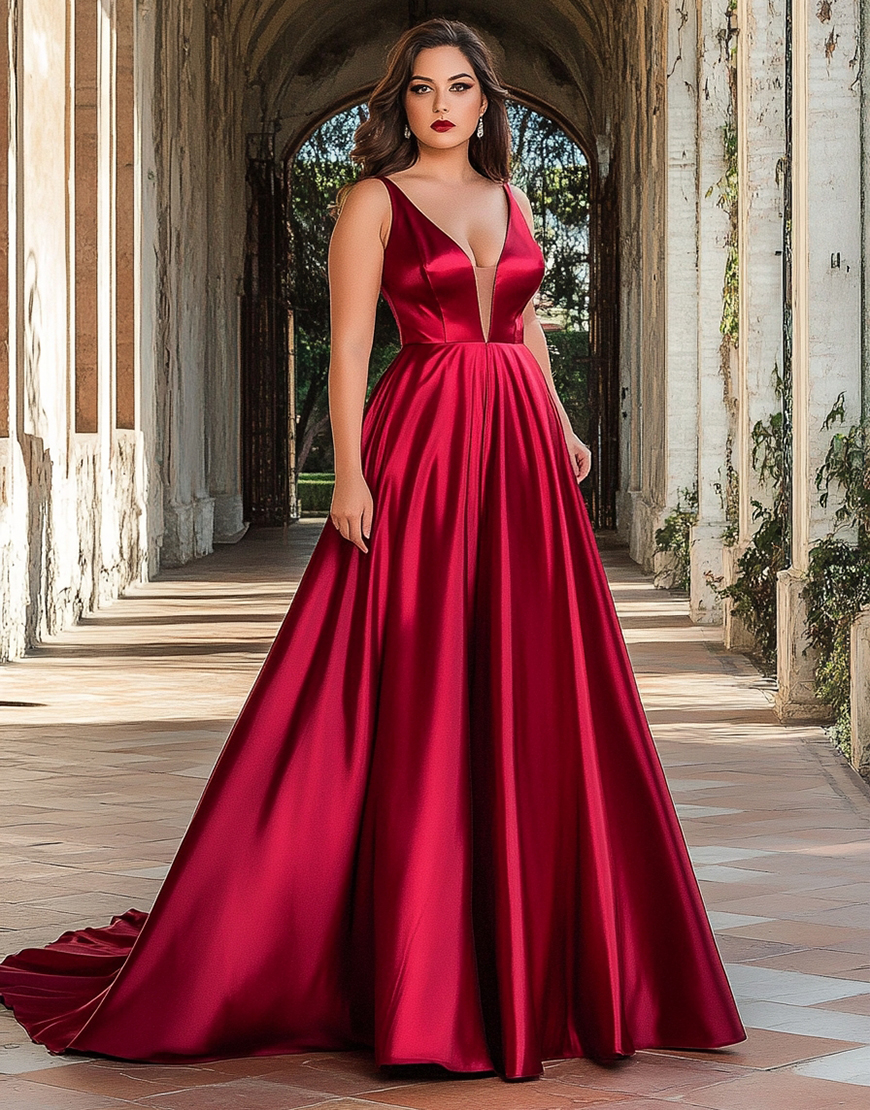 Red A Line Deep V-Neck Satin Long Prom Dress