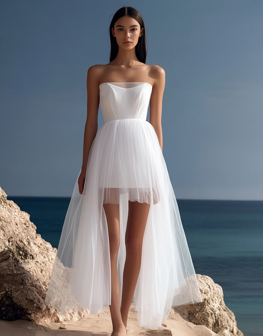 White A-Line Strapless Tulle High Low Graduation Dress