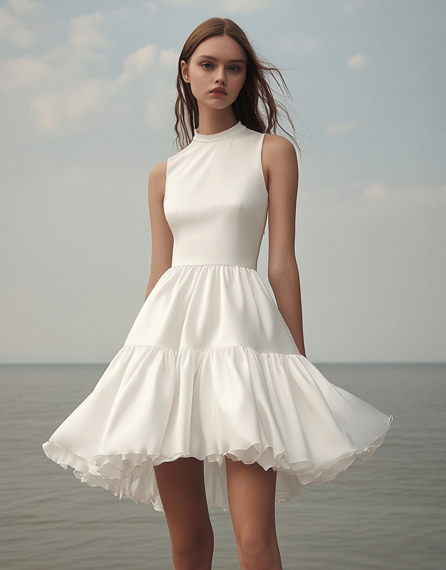 White A-Line High Neck Ruffle Short Graduation Dress