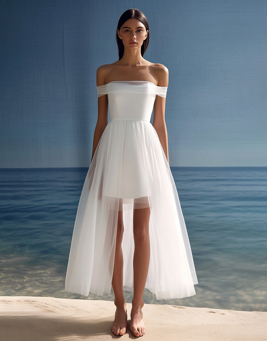 White A-Line Off the Shoulder Tulle High Low Graduation Dress