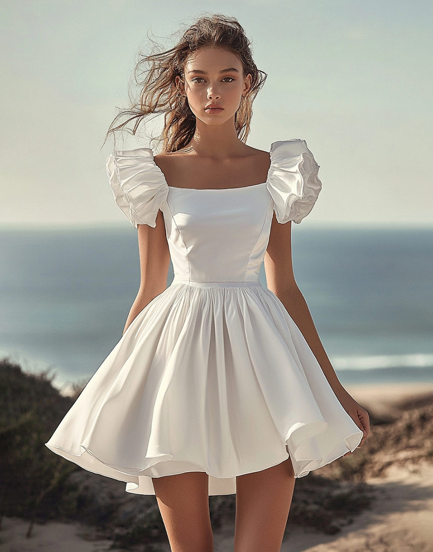 Puffy White A-Line Ruffled Sleeves Short Graduation Dress 