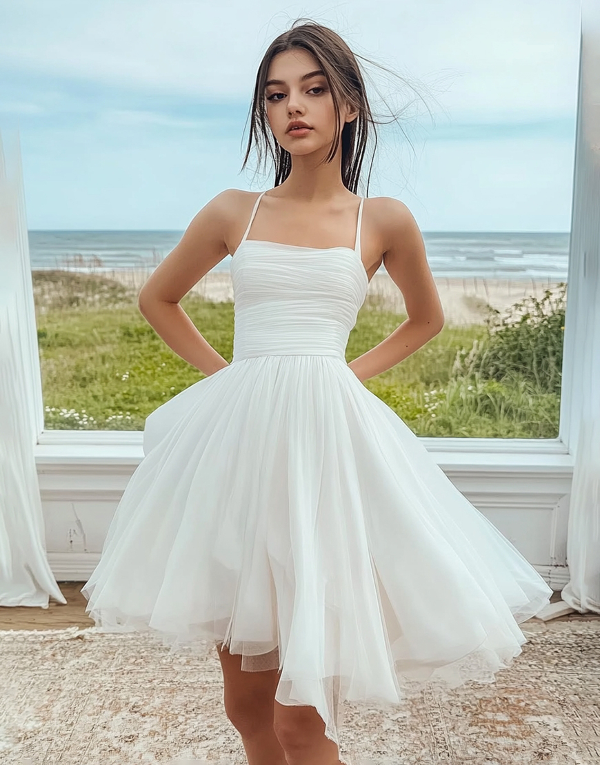 White A-Line Spaghetti Straps Ruched Tulle Short Graduation Dress