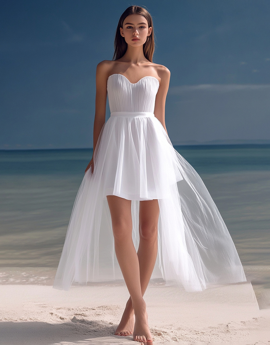 White A-Line Strapless Pleating High Low Short Graduation Dress
