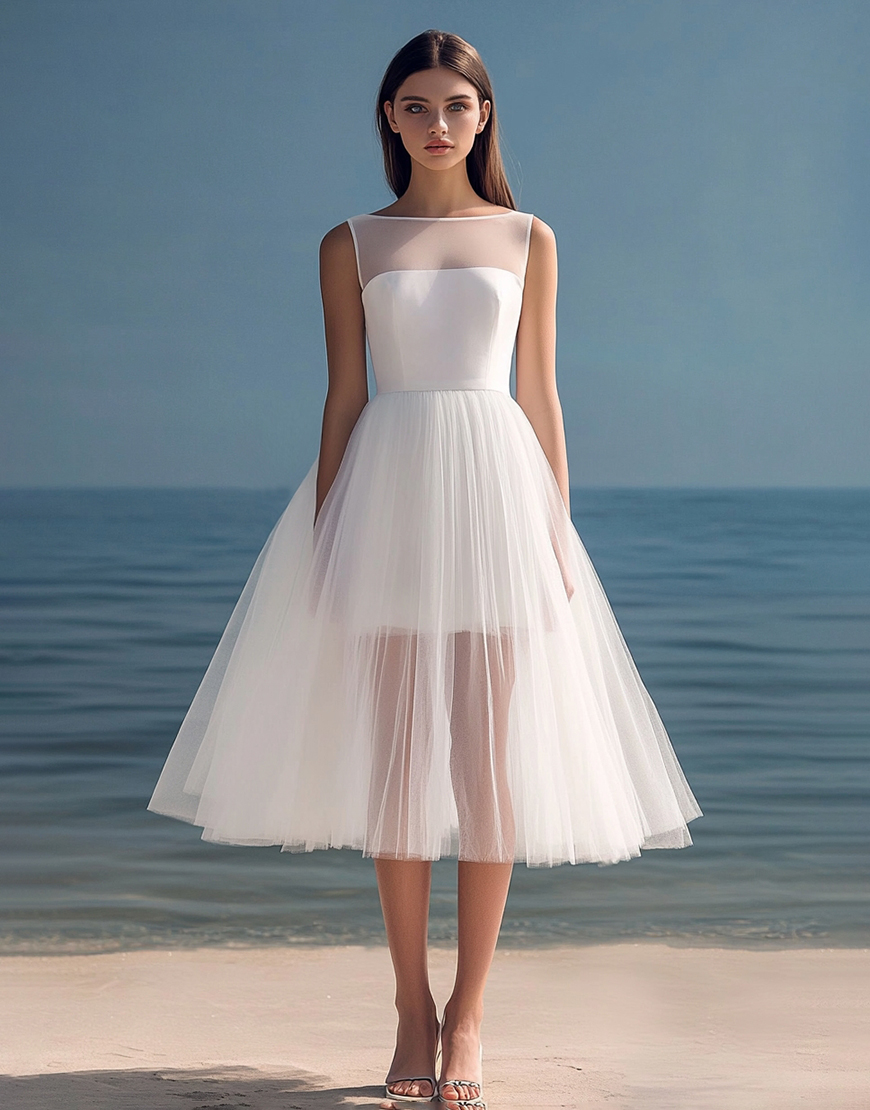 Tulle A-Line Illusion Neck Sleeveless Tea Length Graduation Dress