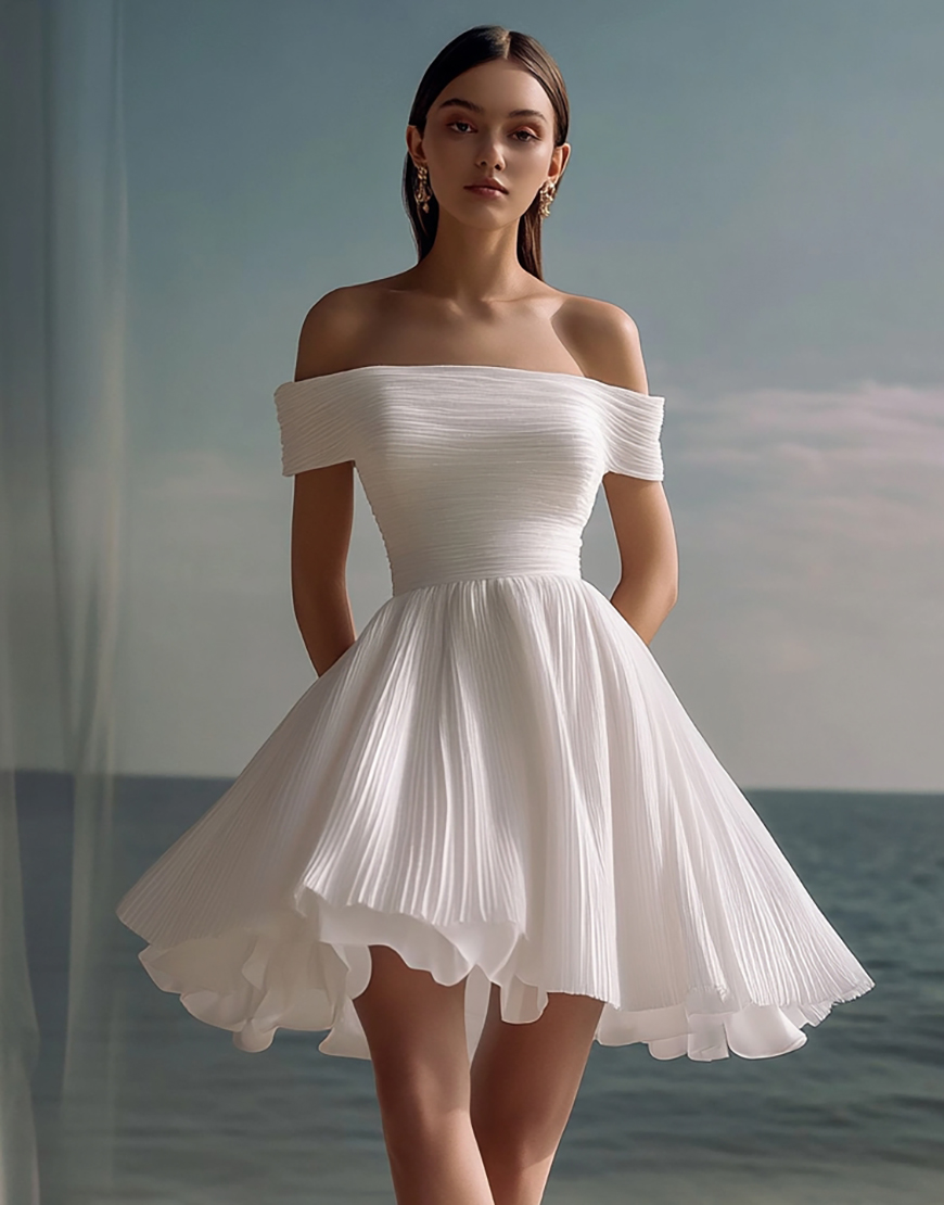 White Chiffon Ruched Off the Shoulder Pleating Short Graduation Dress