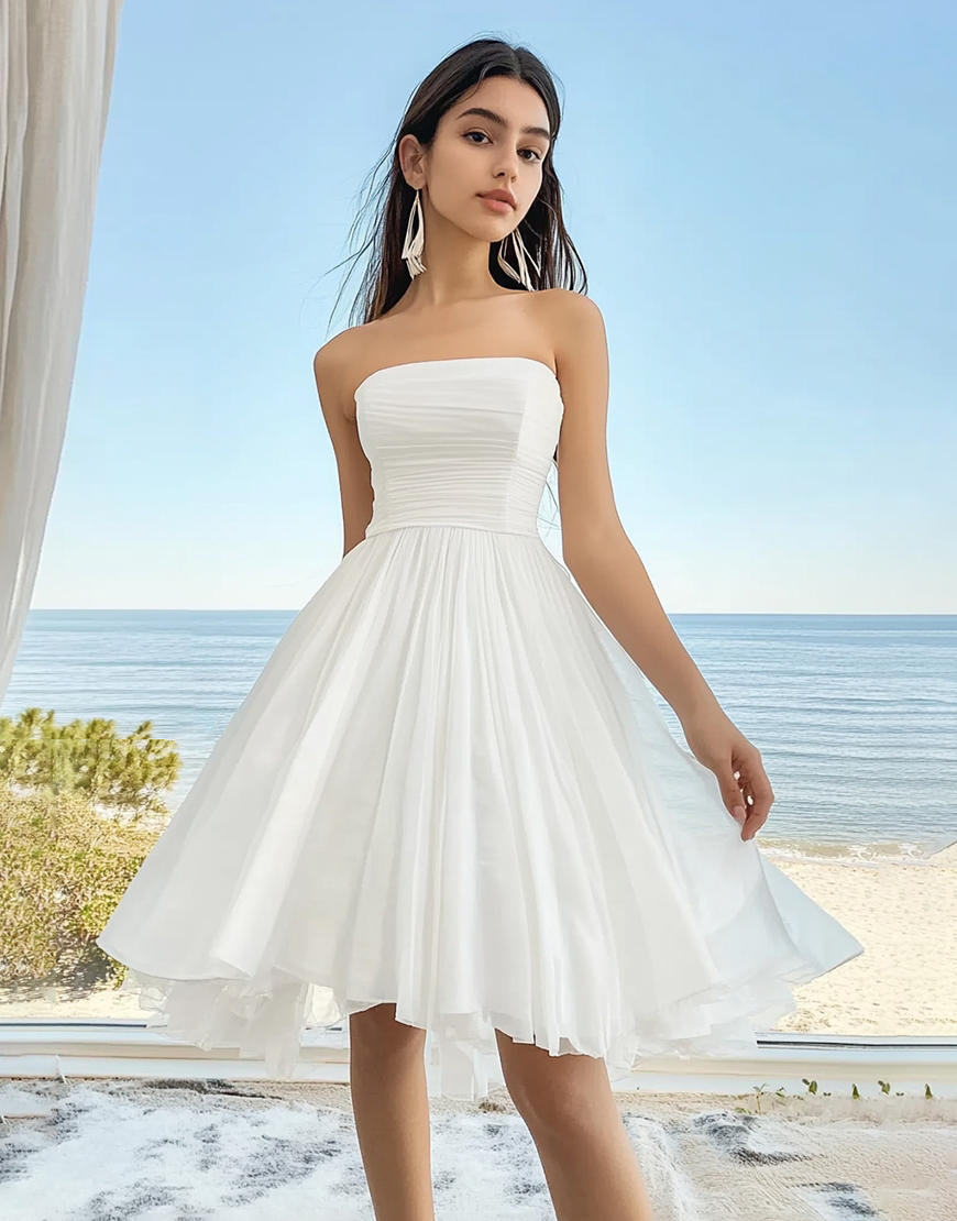 White Chiffon Strapless A-Line Pleating Midi Graduation Dress