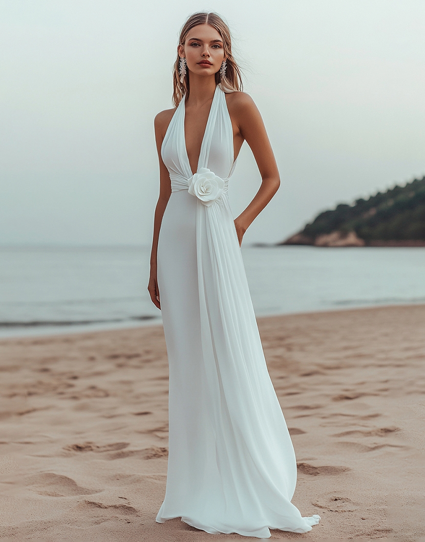 White Sheath Halter Pleating Long Graduation Dress with Flower
