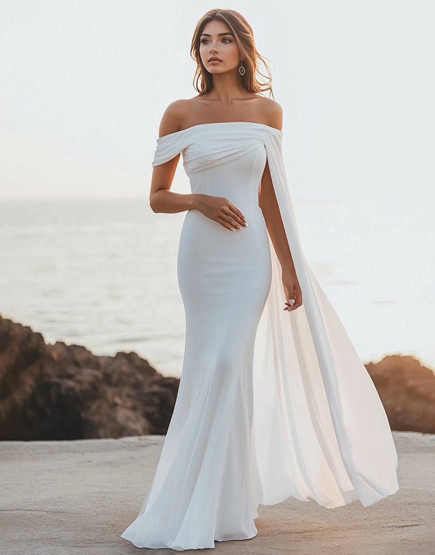 White Mermaid Ruched Off the Shoulder Long Graduation Dress with Cape