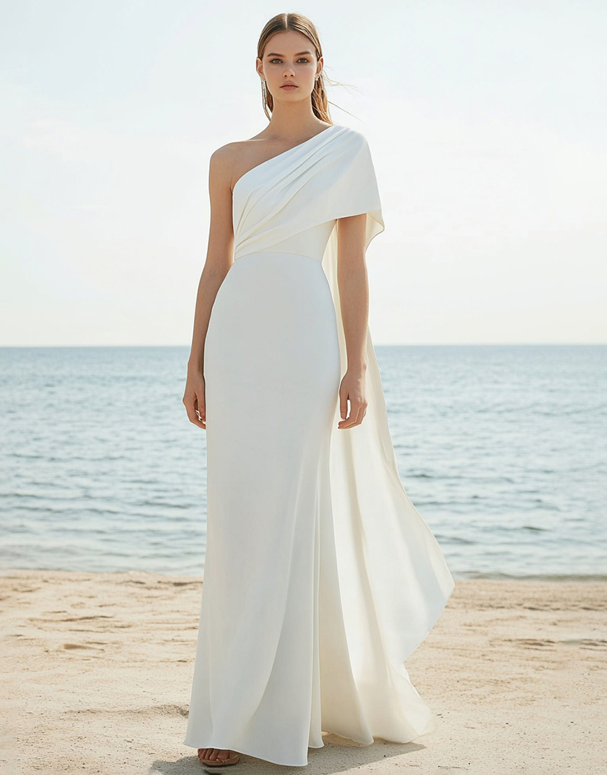 White Sheath One Shoulder Ruched Chiffon Long Graduation Dress
