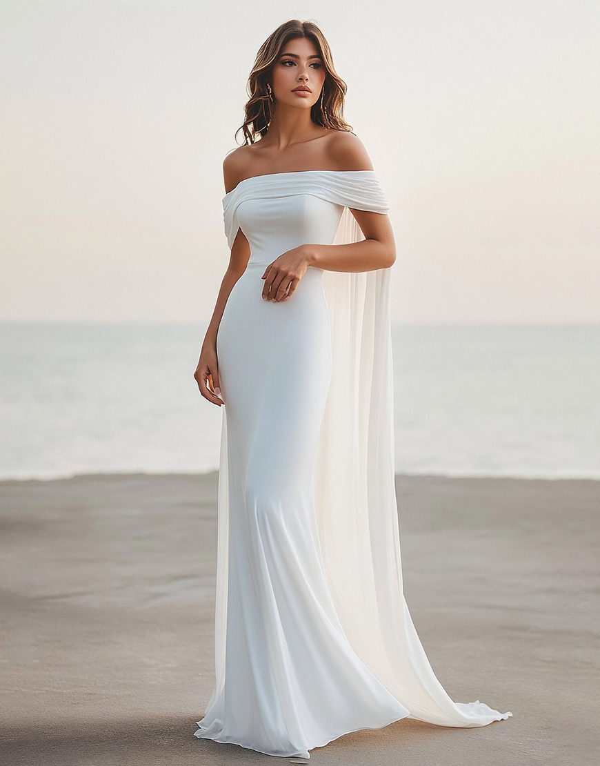 White Sheath Off the Shoulder Ruched Long Graduation Dress with Cape