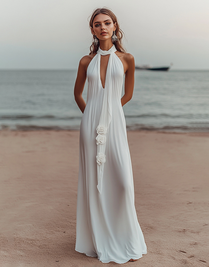 White Sheath Halter Keyhole Long Graduation Dress with Flowers