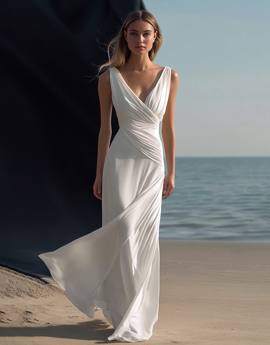 White Sheath Wrap V Neck Ruched Chiffon Long Graduation Dress