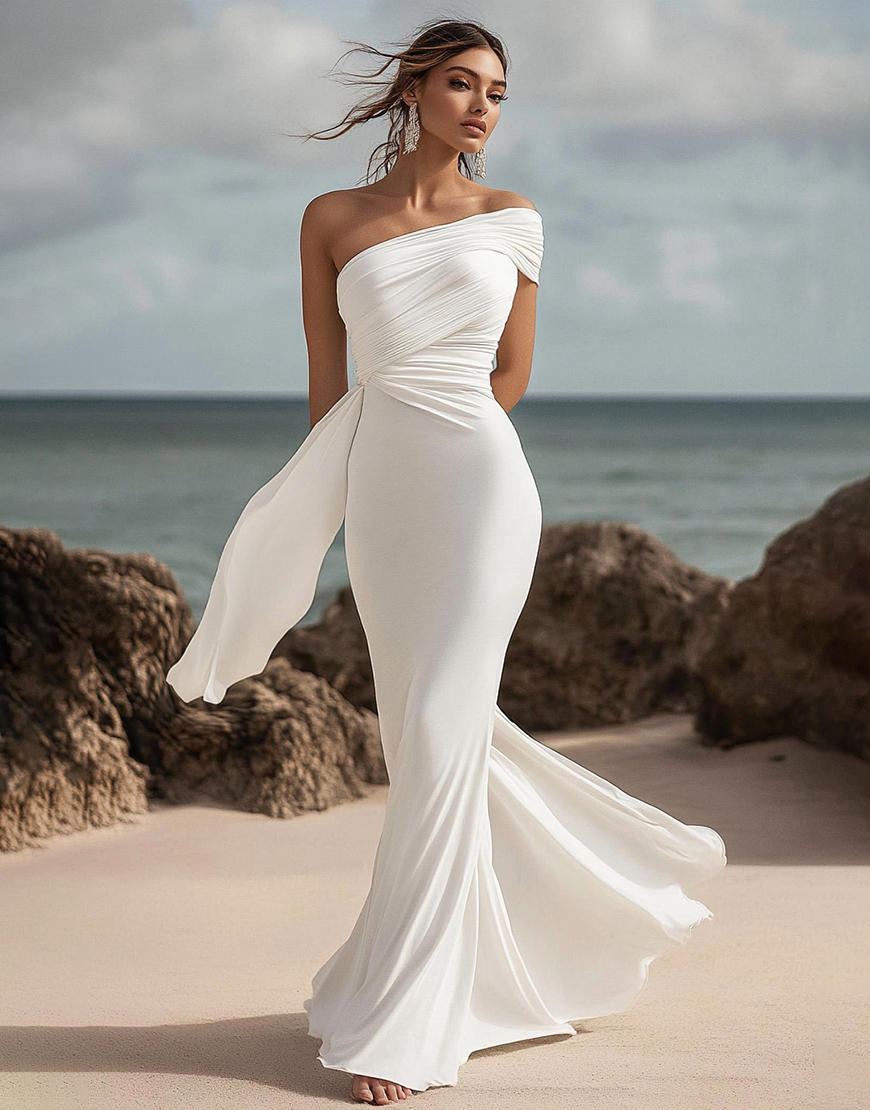 White Mermaid One Shoulder Ruched Long Graduation Dress