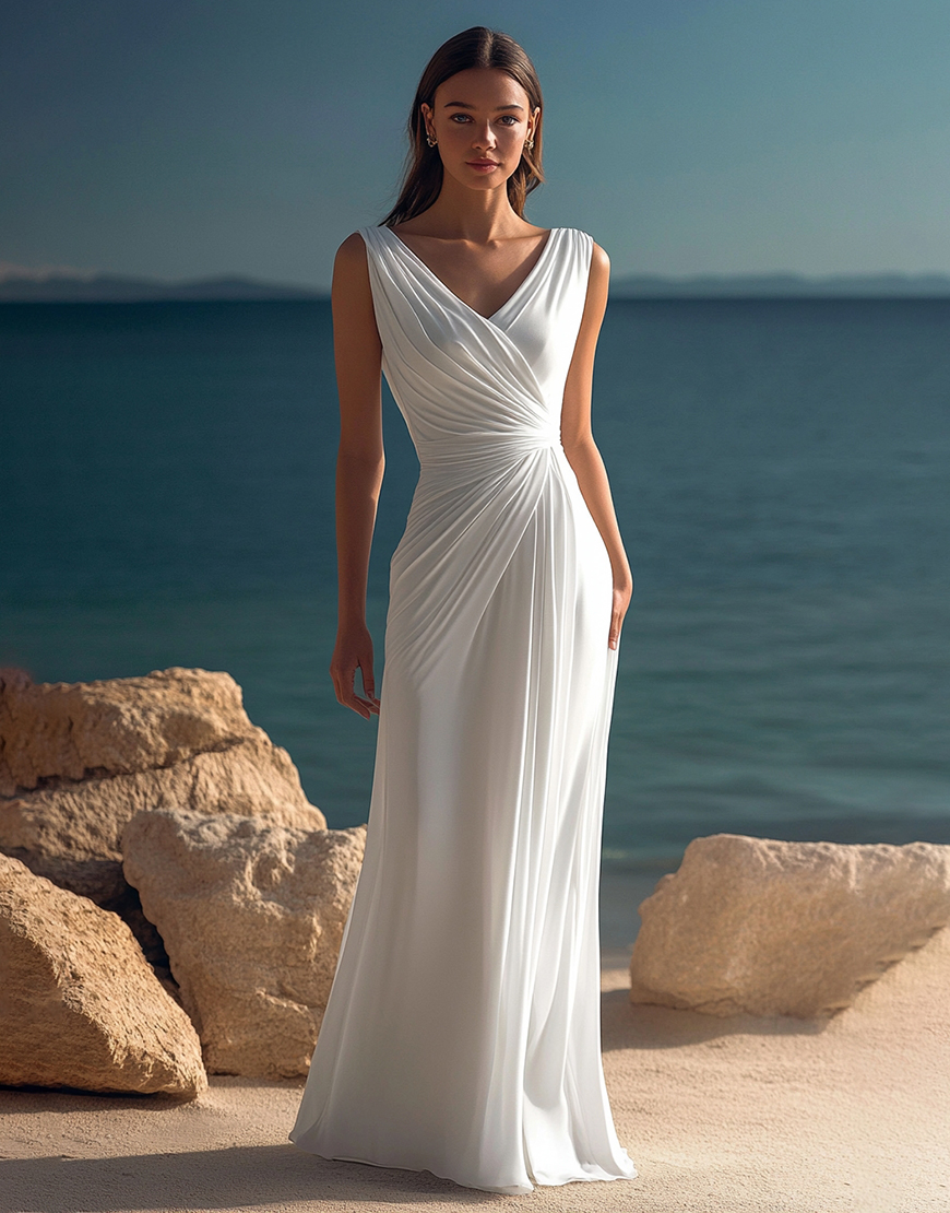 White Sheath Wrap V Neck Ruched Chiffon Long Graduation Dress 