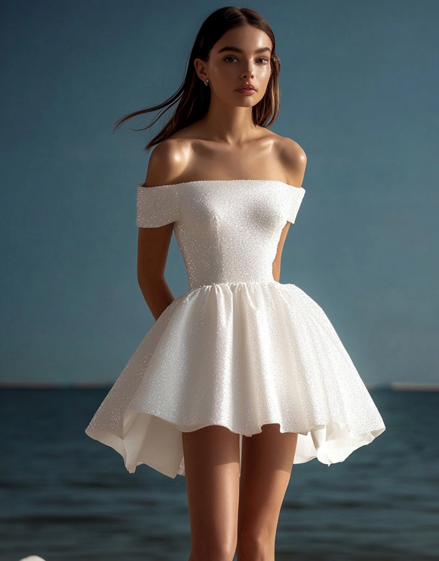 Sparkly White A-Line Off the Shoulder Sequins Graduation Dress