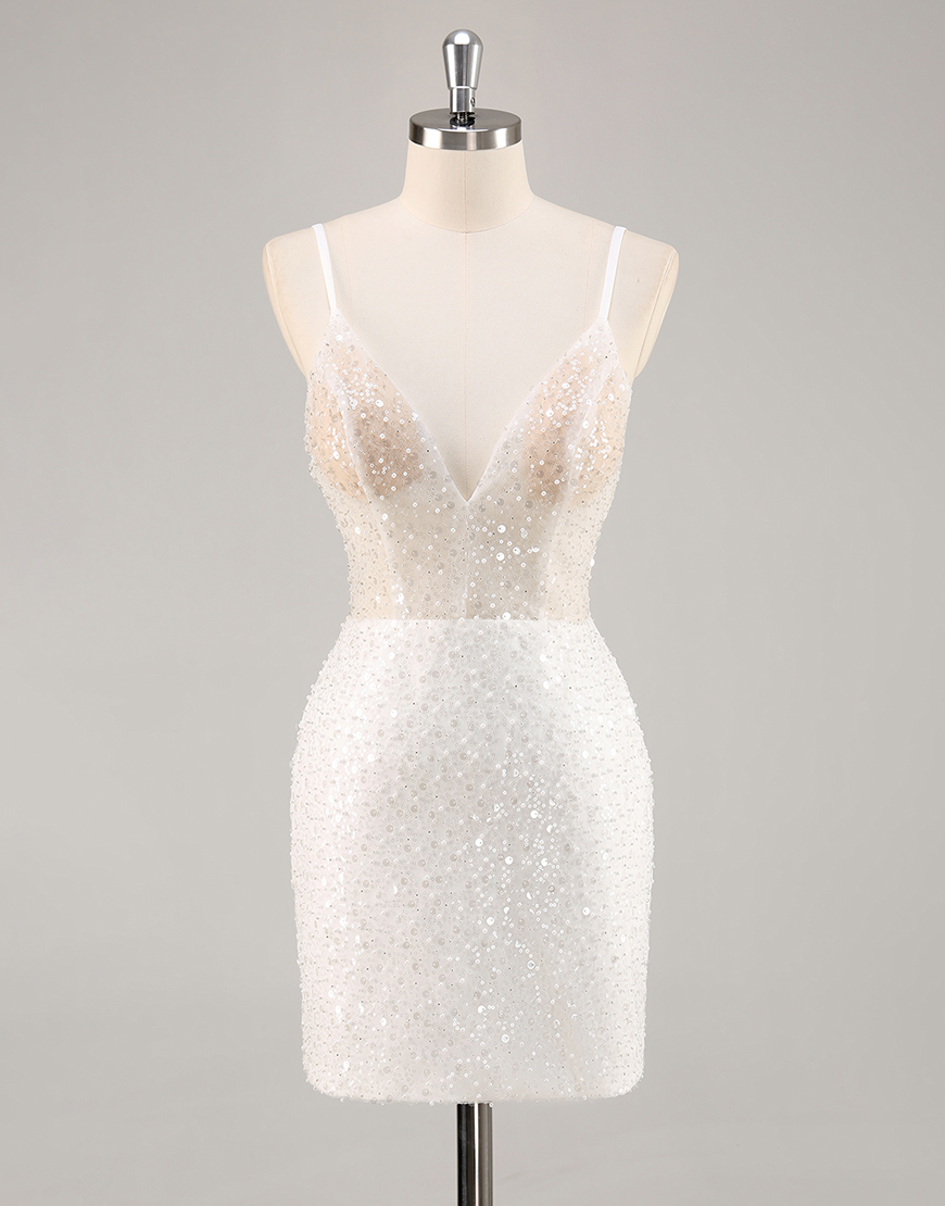 Sparkly White Bodycon Spaghetti Straps Sequins Short Graduation Dress