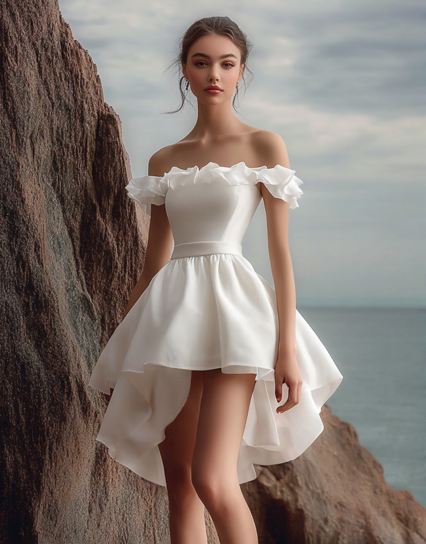 White Ruffled Off the Shoulder A-Line Short Graduation Dress