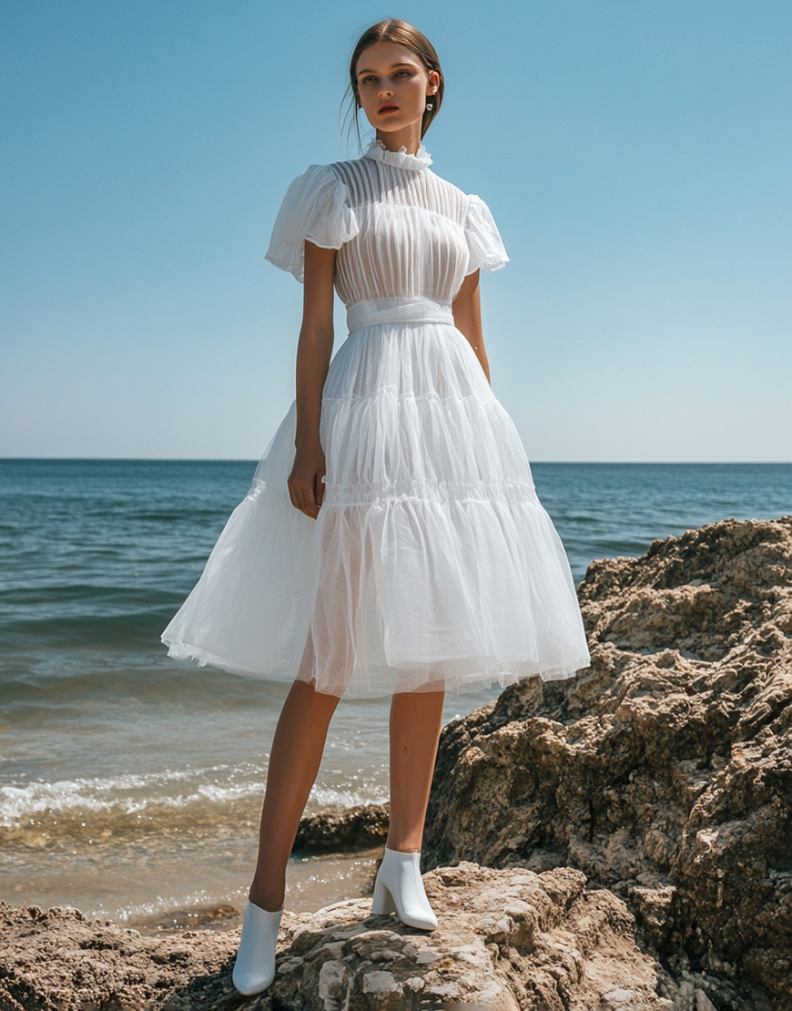 White A-Line High Neck Short Sleeves Tulle Ruffle Tea Length Graduation Dress 