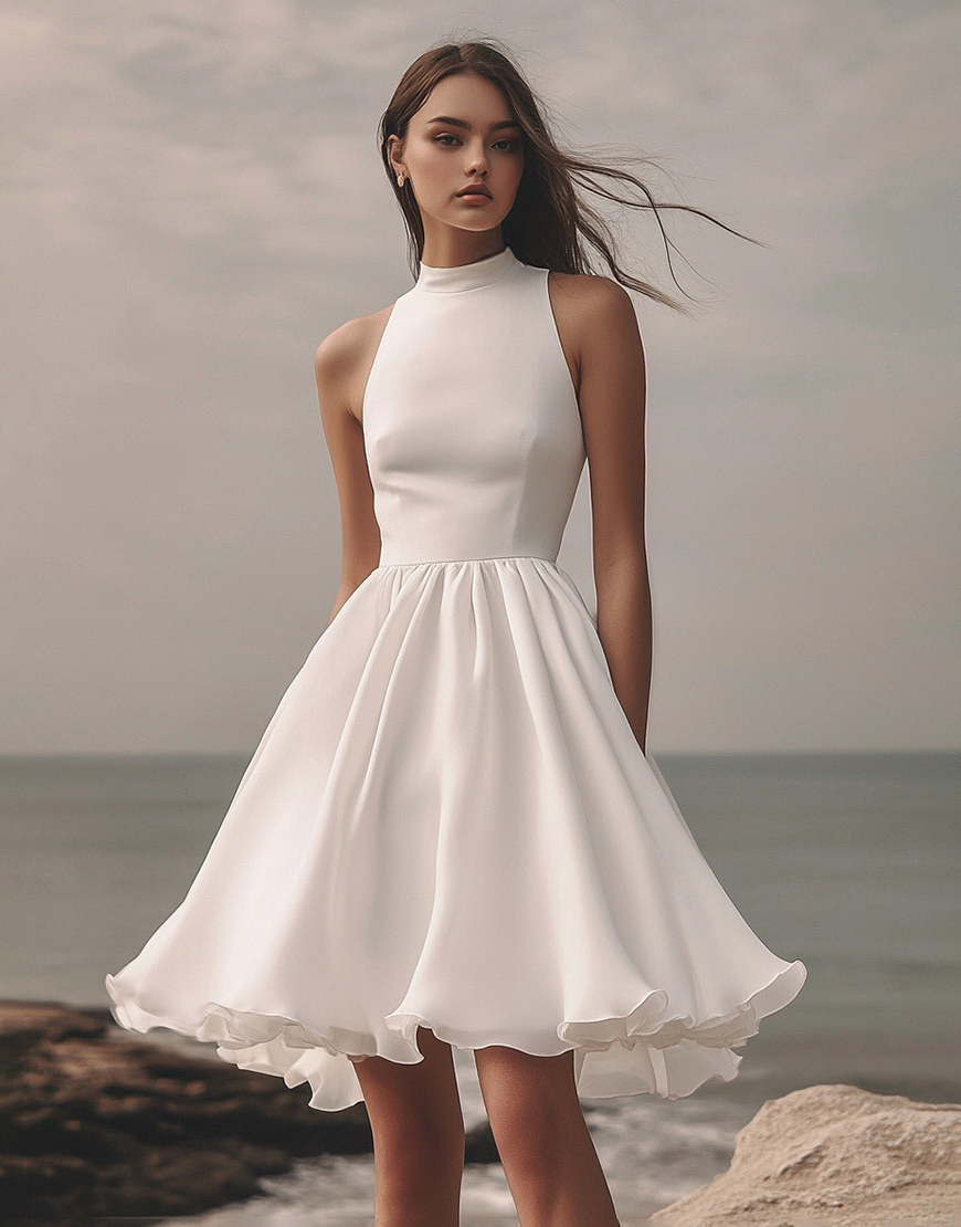 White A-Line High Neck Sleeveless Short Graduation Dress