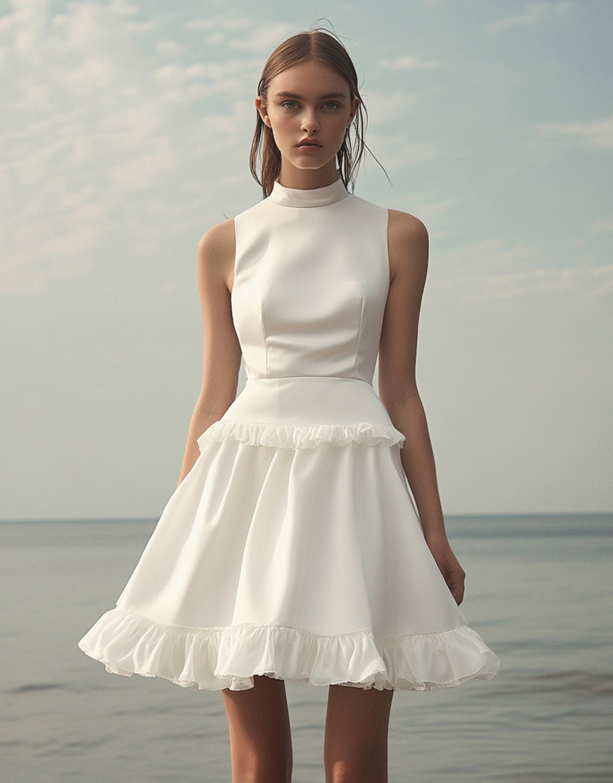 White High Neck Sleeveless A-Line Satin Ruffle Short Graduation Dress