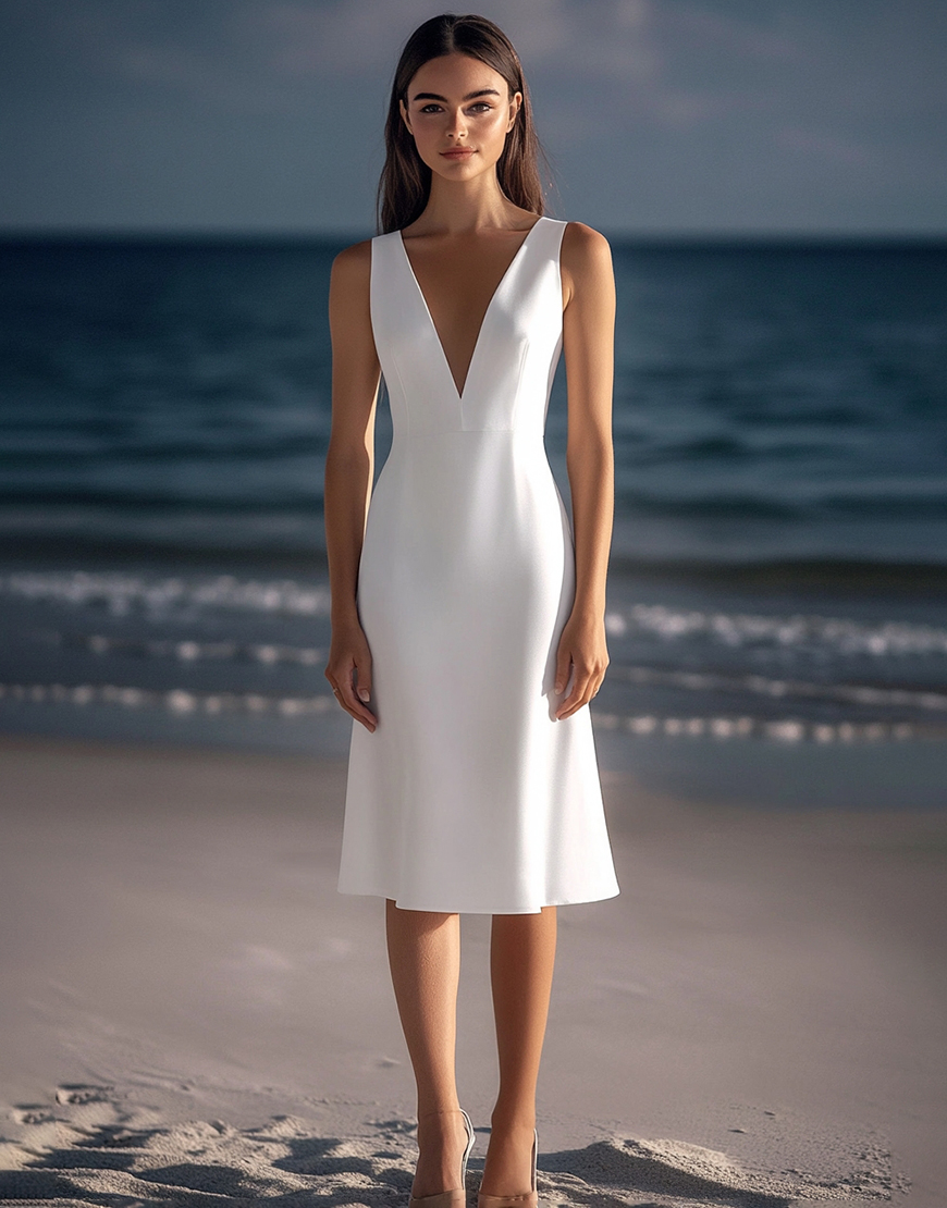 White Sheath Deep V Neck Satin Tea Length Graduation Dress 