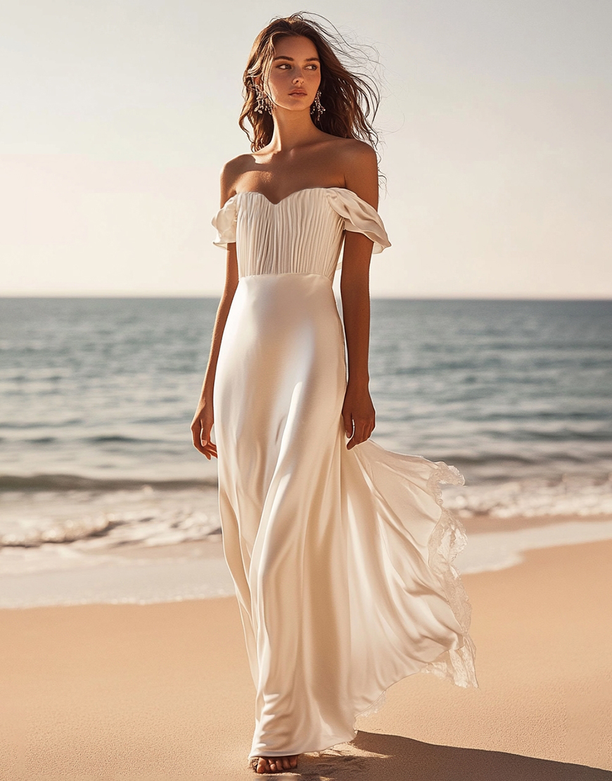 Ivory Satin A Line Ruched Long Formal Dress