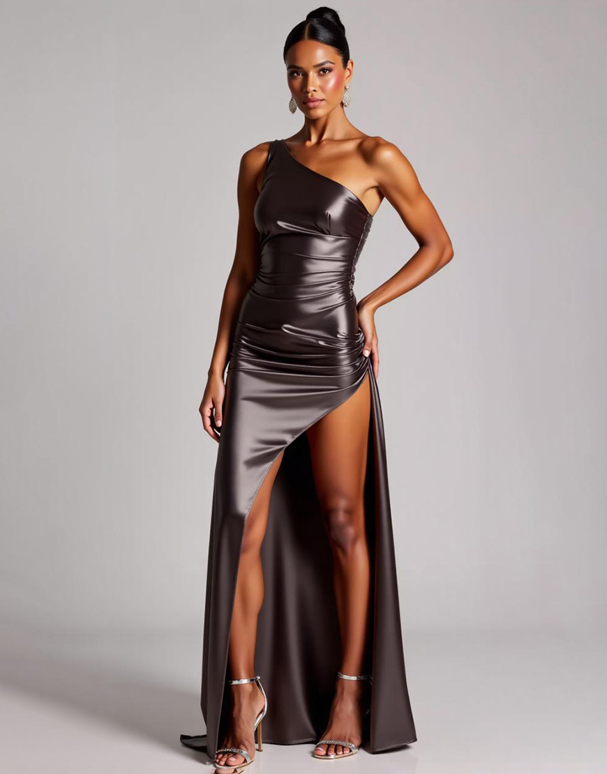 Dark Grey Sheath Satin Long Formal Dress with Slit
