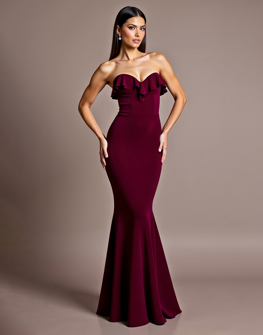 Burgundy Mermaid Ruffled Satin Long Formal Dress