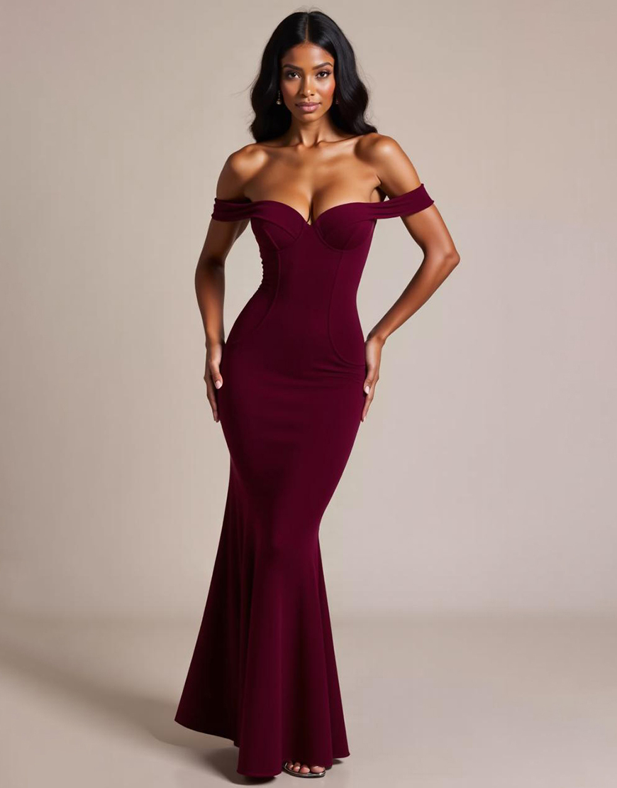 Burgundy Satin Mermaid Off the Shoulder Formal Dress
