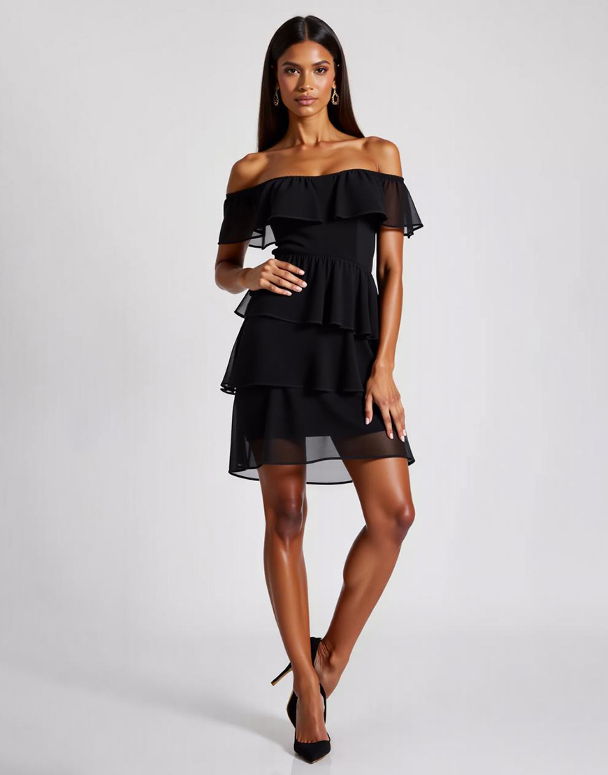 Tiered Chiffon Off the Shoulder Little Black Dress