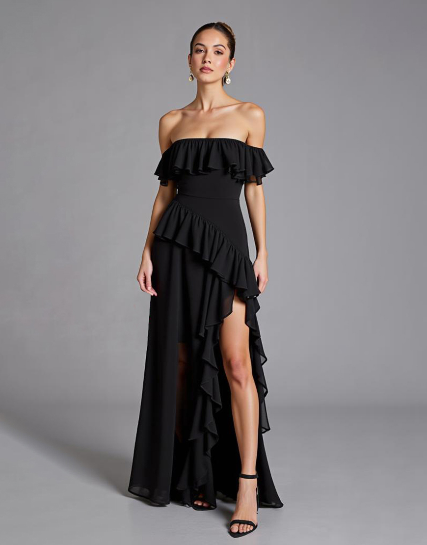 Black Chiffon Ruffled A Line Long Formal Dress with Slit