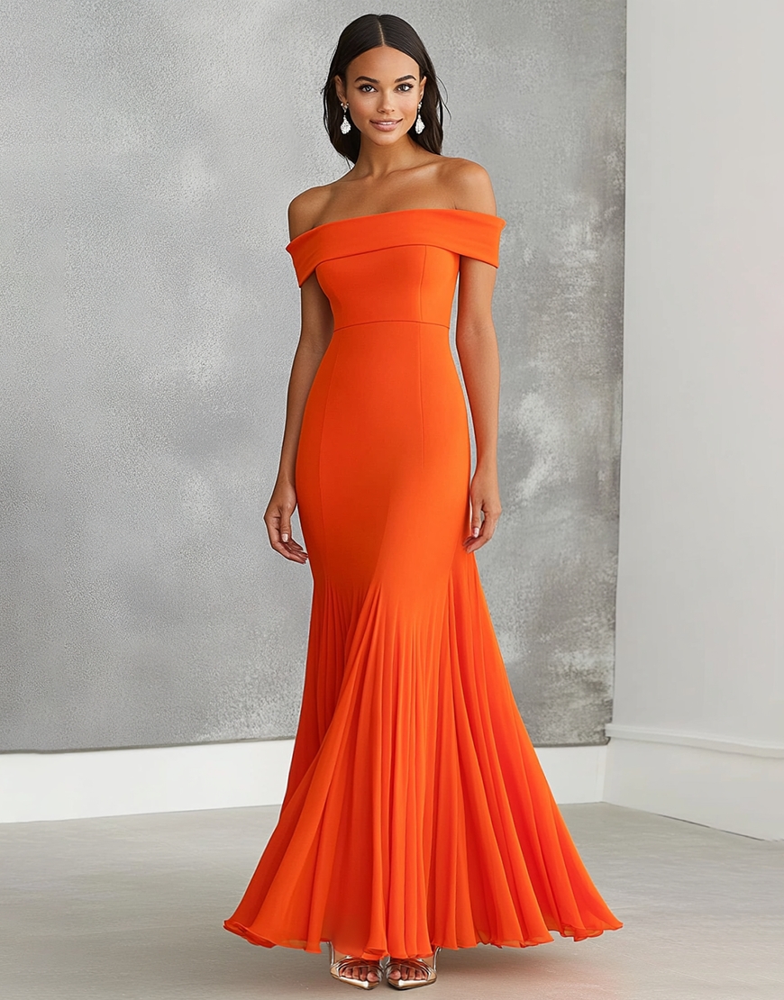 Orange Sheath Pleated Off the Shoulder Long Formal Dress