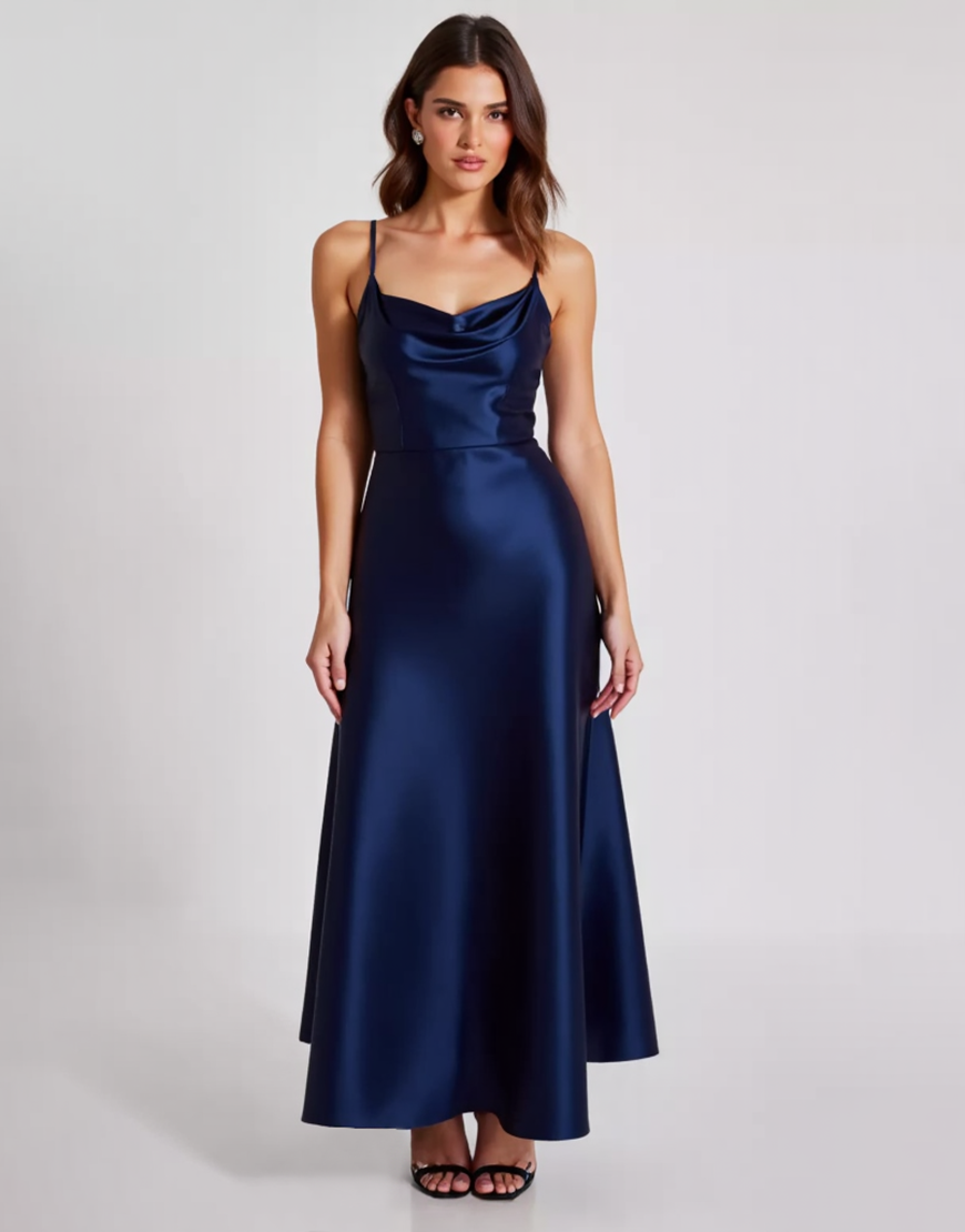 Navy Sheath Cowl Spaghetti Straps Long Formal Dress