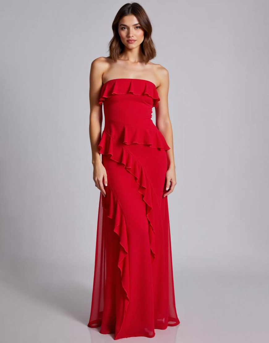 Red A Line Chiffon Long Formal Dress with Ruffles