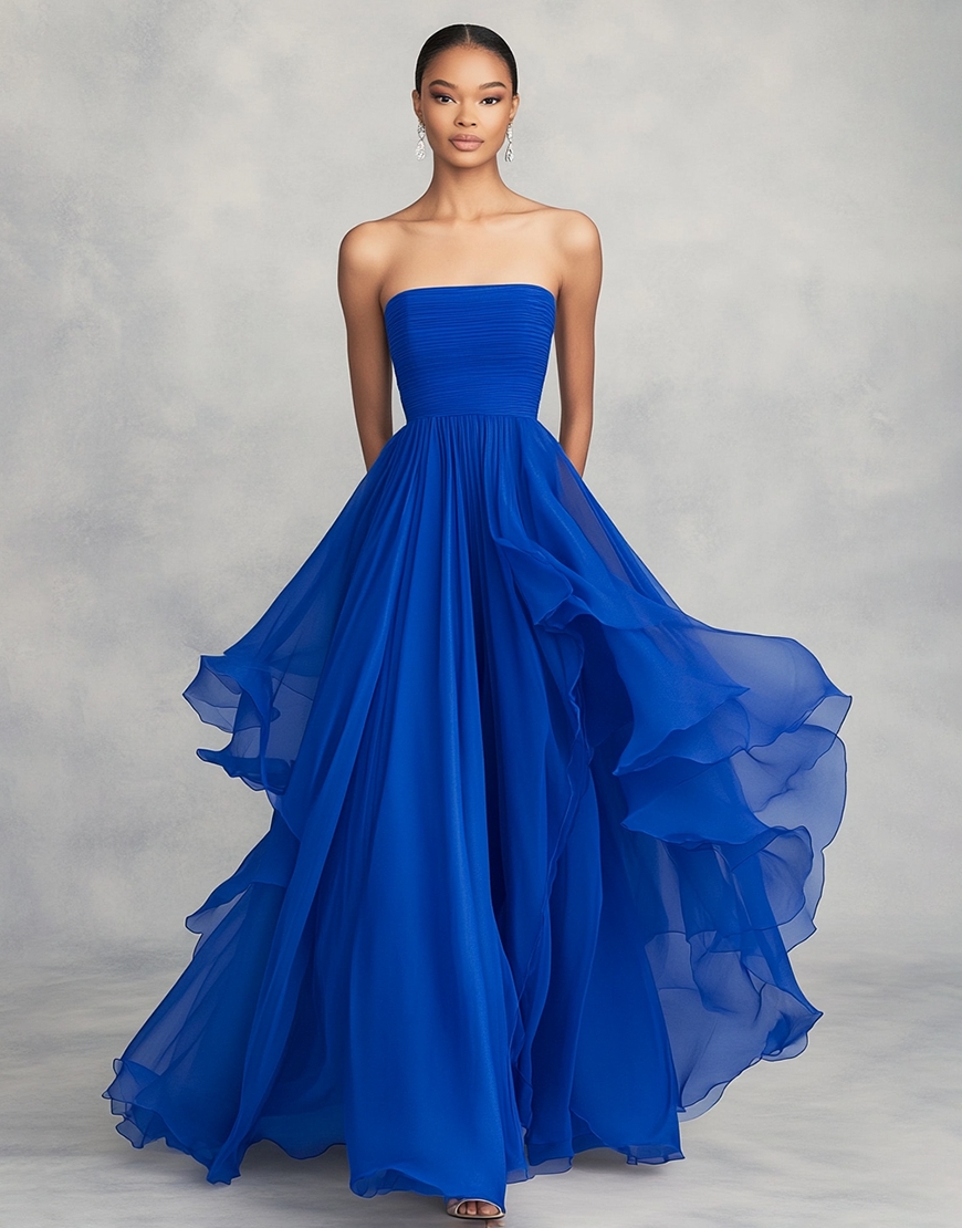Royal Blue Pleated Asymmetrical A Line Chiffon Long Formal Dress