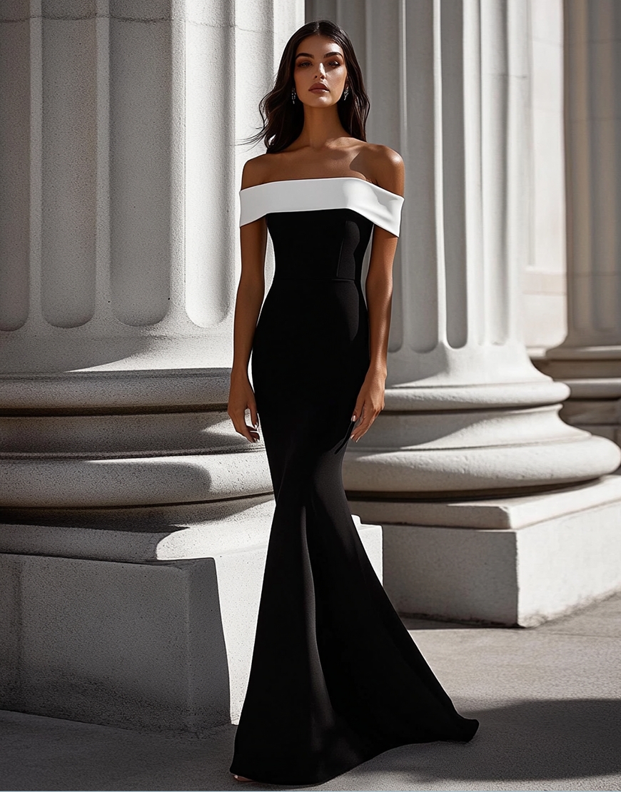 White Mermaid Satin Off the Shoulder Long Black Tie Dress