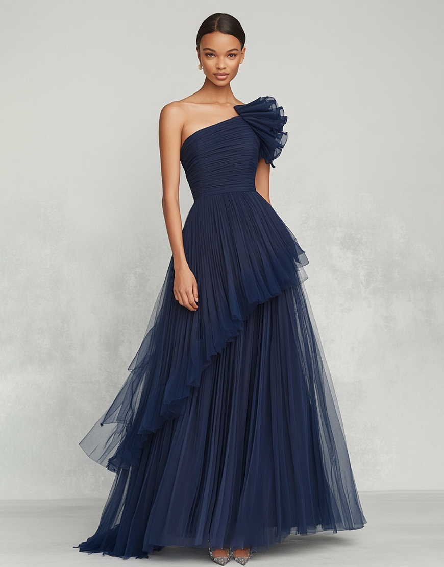 Navy A Line One Shoulder Tulle Long Formal Dress with Ruffles