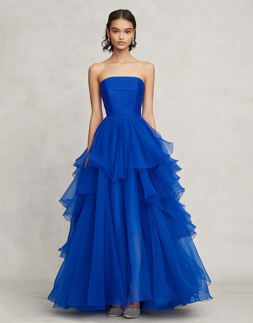 Royal Blue A Line Strapless Asymmetrical Chiffon Long Formal Dress