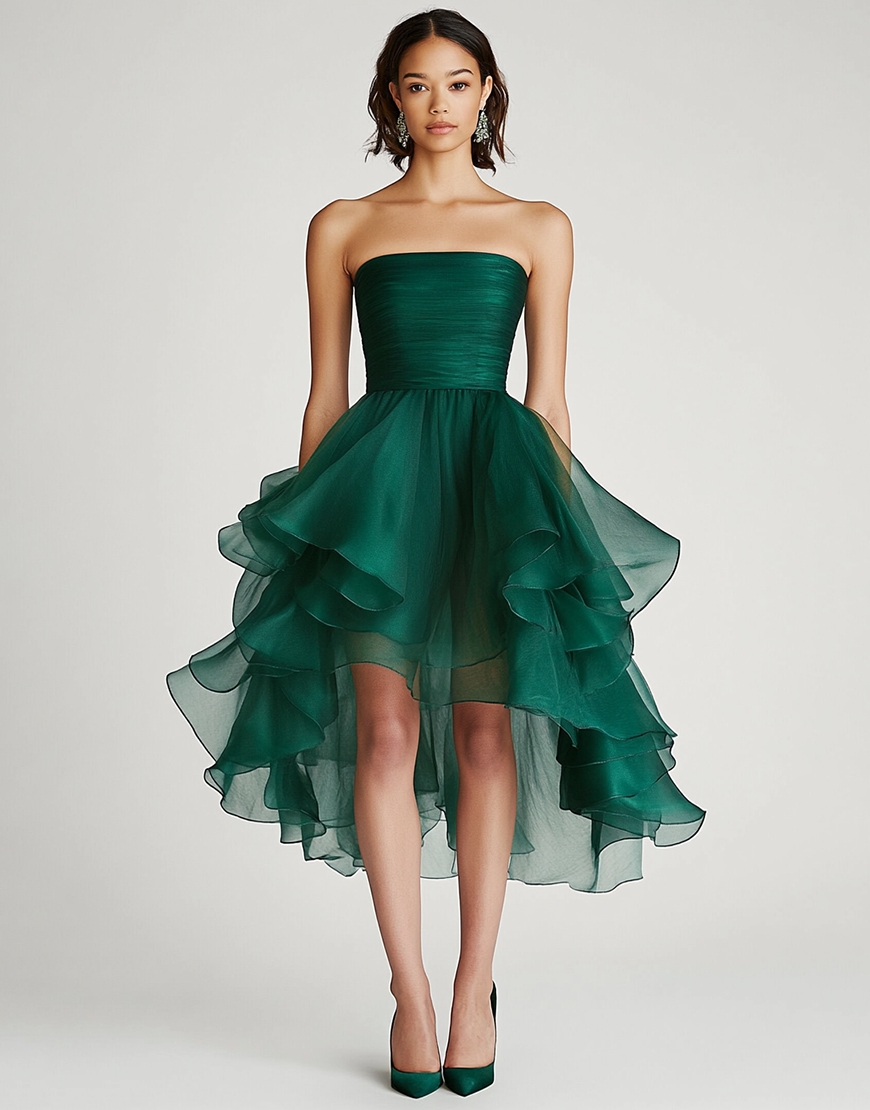 Dark Green A Line Strapless Tulle Asymmetrical Short Formal Dress