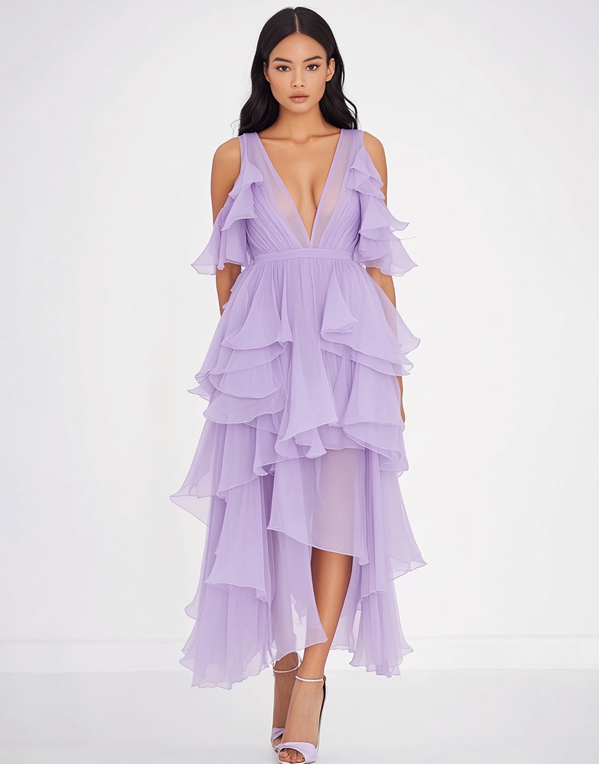 Lilac Chiffon V-Neck Ruffled Long Formal Dress with Slit