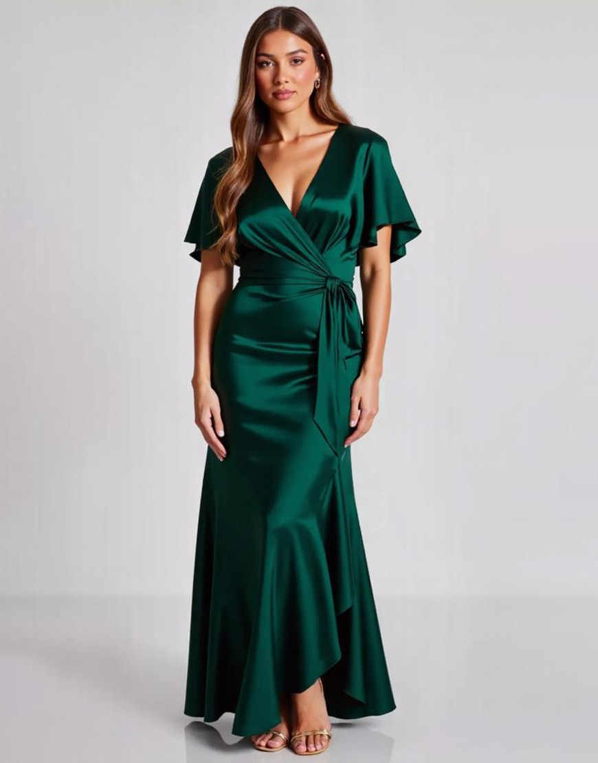 Dark Green Satin Sheath Long Formal Dress with Sleeves