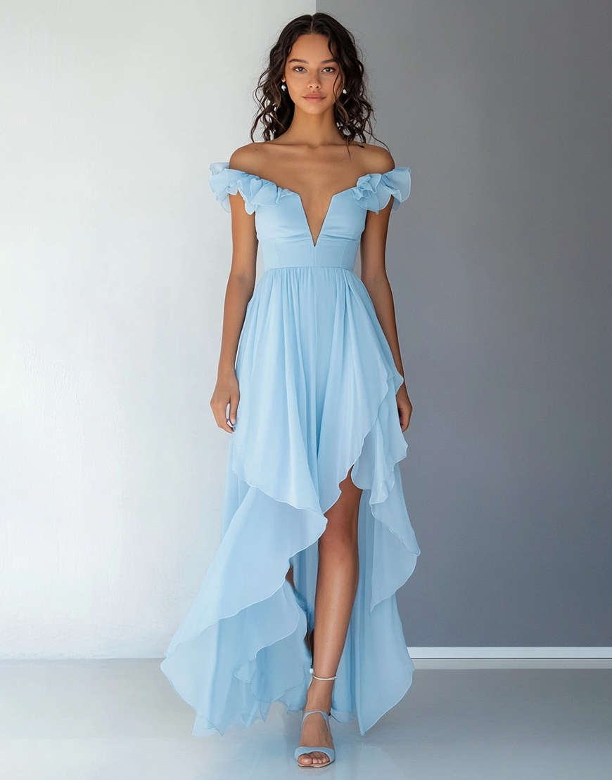 Sky Blue High Low Chiffon A Line Formal Dress with Ruffles