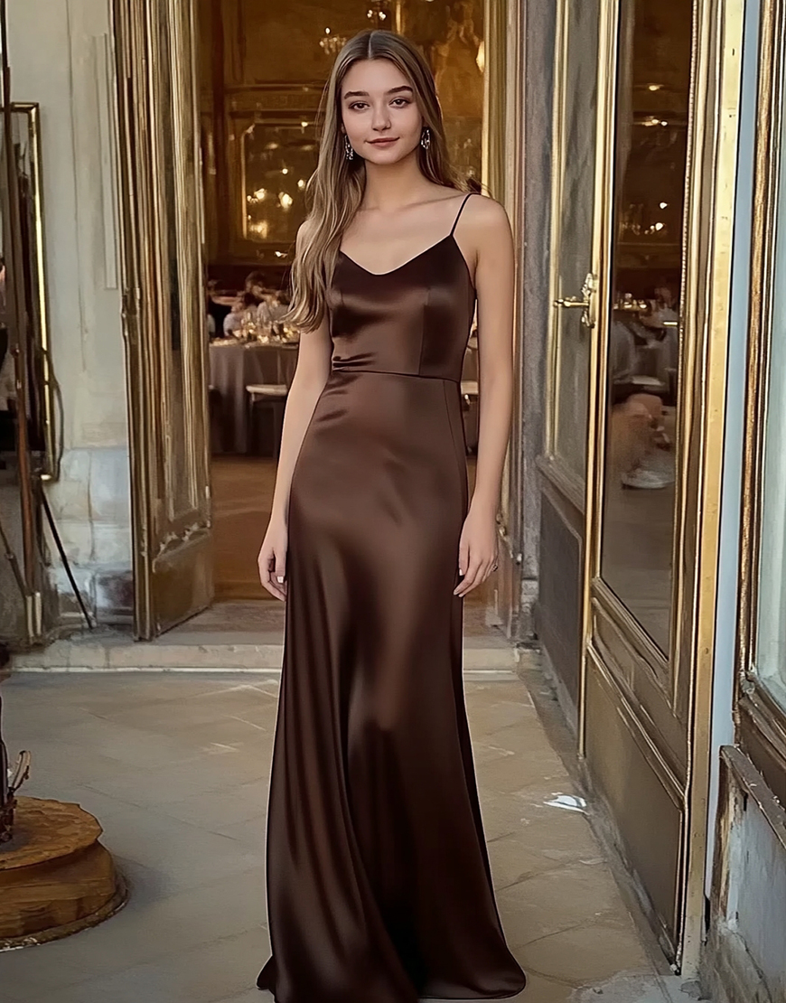 Coffee Sheath Satin V-Neck Long Formal Dress