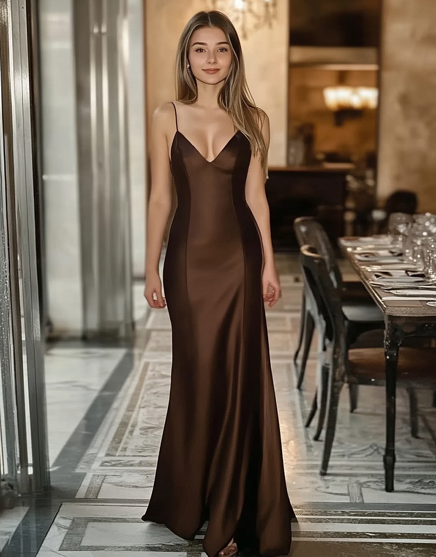 Coffee Sheath Satin Spaghetti Straps Long Formal Dress
