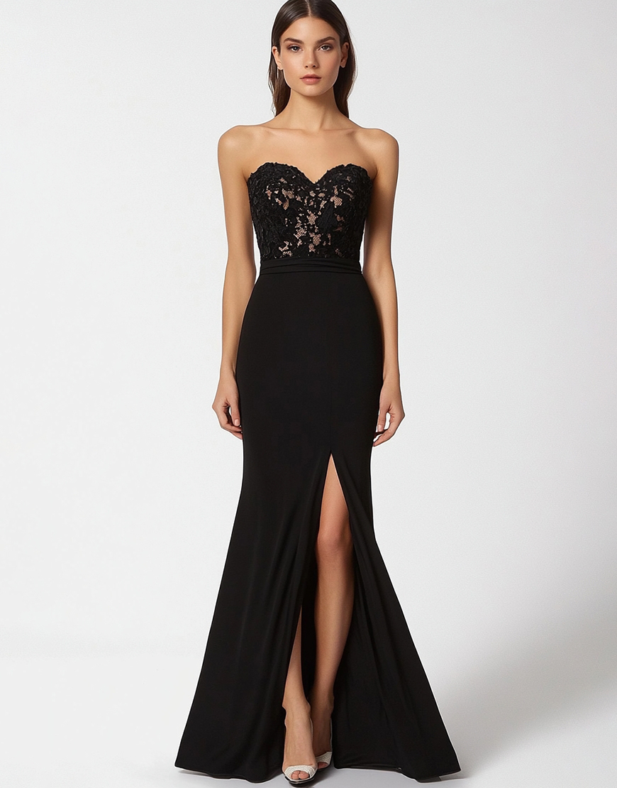 Sweetheart Mermaid Satin Long Black Tie Dress with Lace