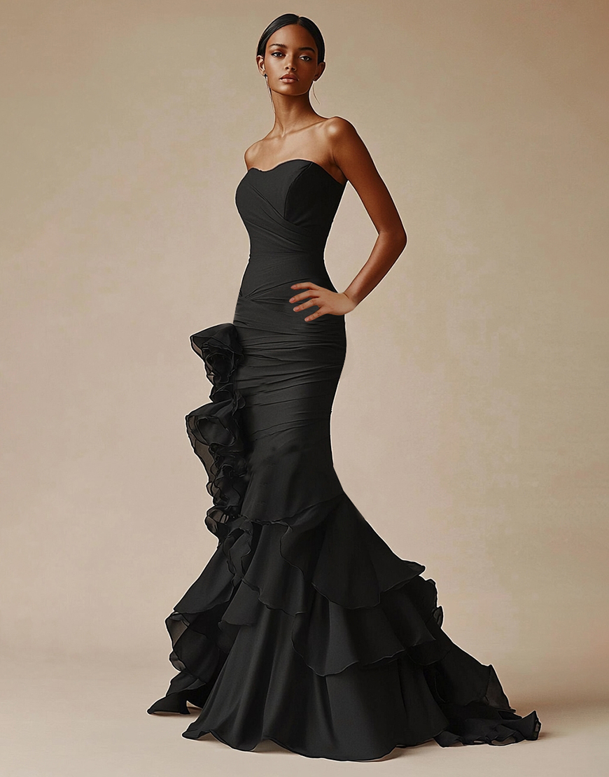 Sweetheart Mermaid Ruffled Long Black Tie Dress